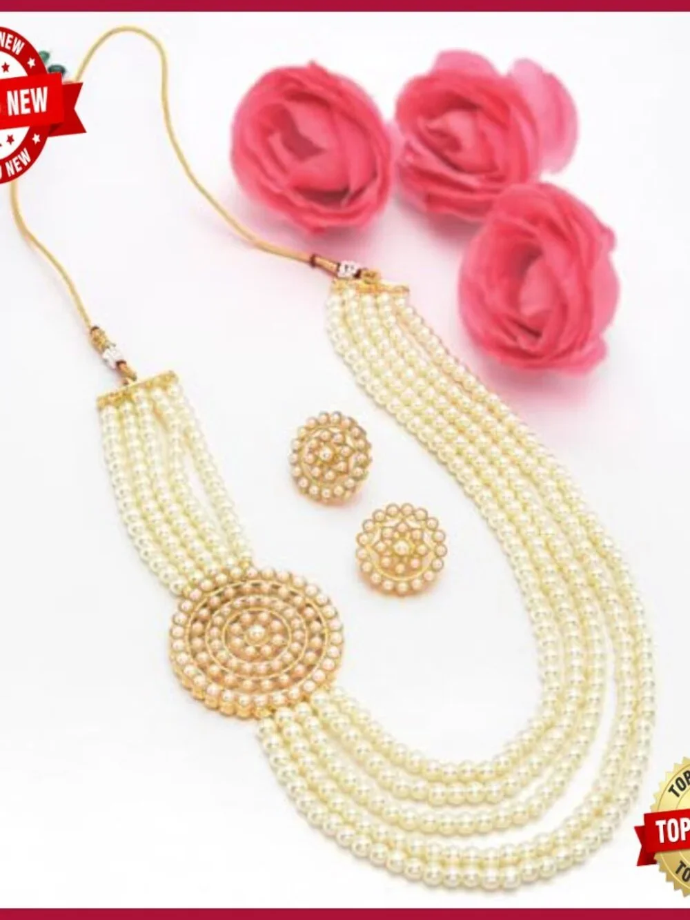 Traditional 5 Layer Kundan Pearl Necklace Earring Set